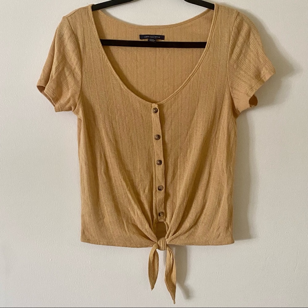 American Eagle Mustard SS Button Up Front Tie T shirt Size S EUC